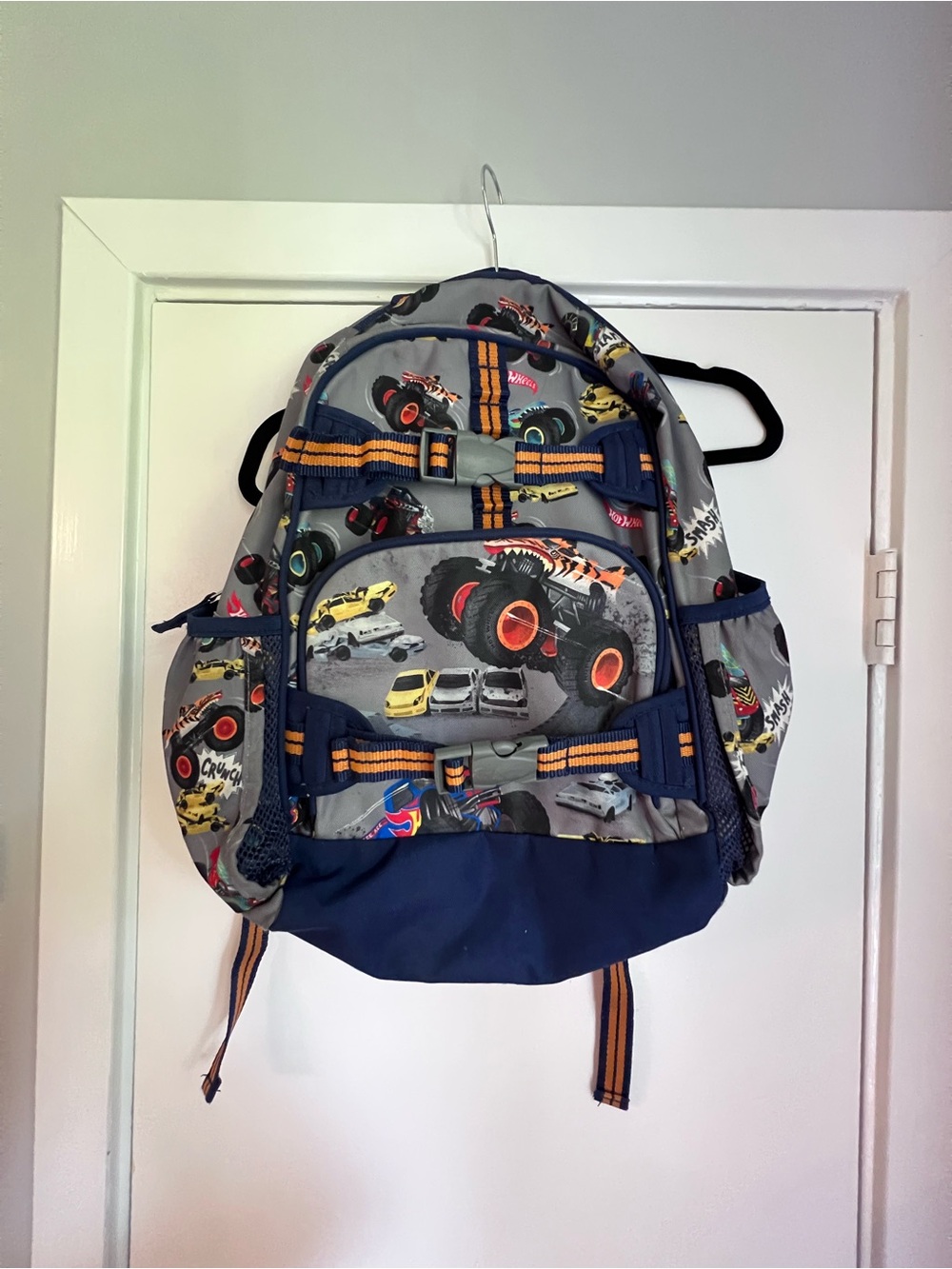 Pottery Barn Kids Hot Wheels Monster Trucks 17in Backpack Recycled Zip Blue